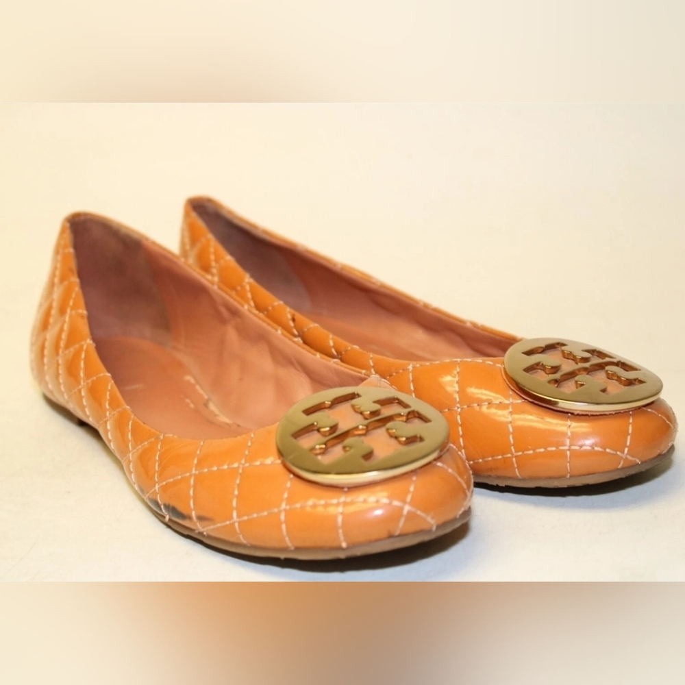 Tory Burch Reva Quilted Patent Leather Ballet Flats Orange Camel Brown Vachetta - Picture 6 of 10